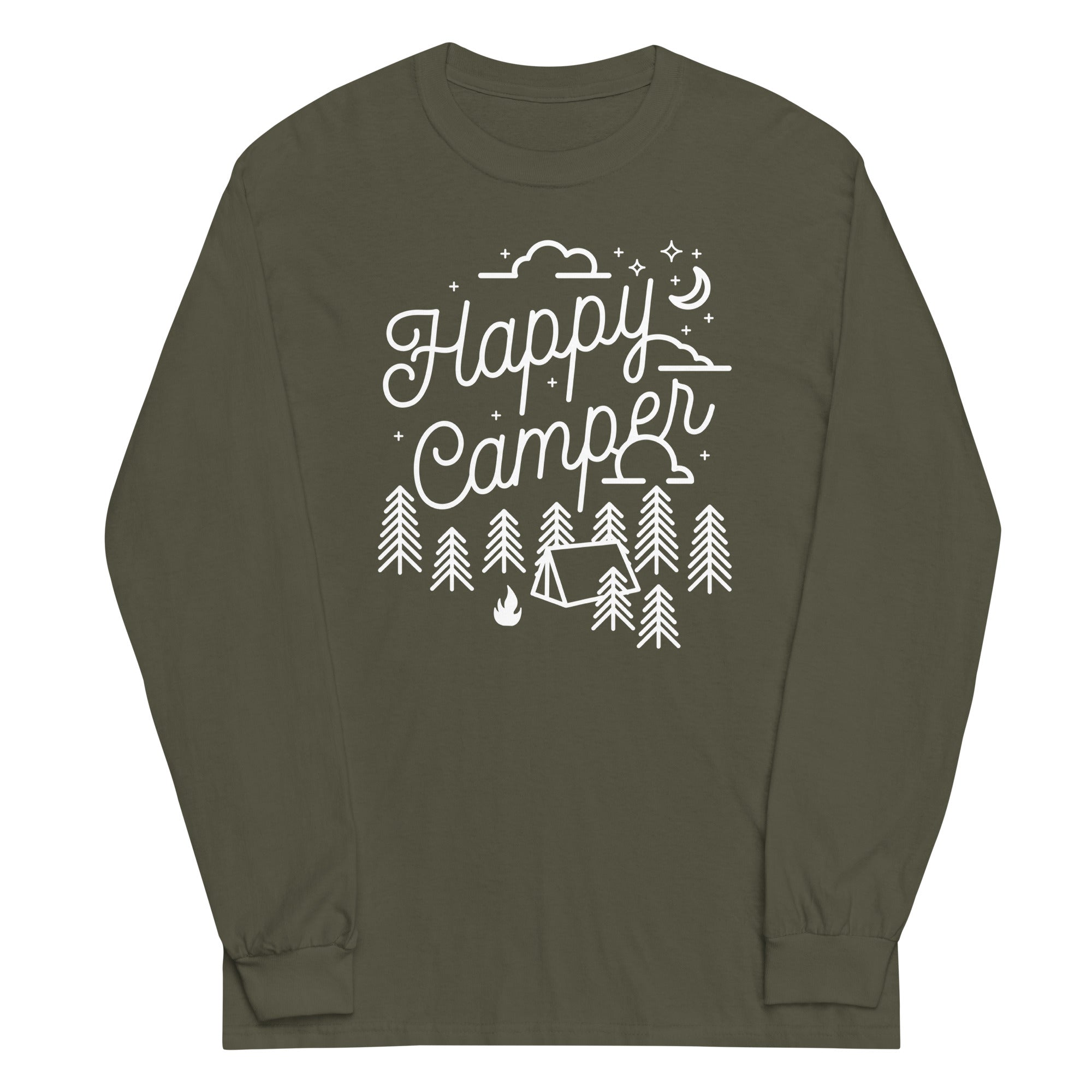 Happy Camper Unisex Long Sleeve Tee Hoodie, Sweatshirt | CoreVibeTees.com (Image 1)