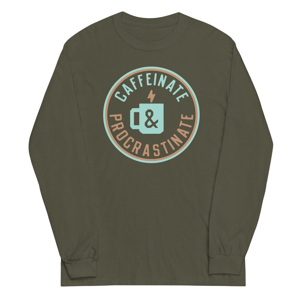 Caffeinate And Procrastinate Unisex Long Sleeve Tee Hoodie, Sweatshirt | CoreVibeTees.com (Image 1)