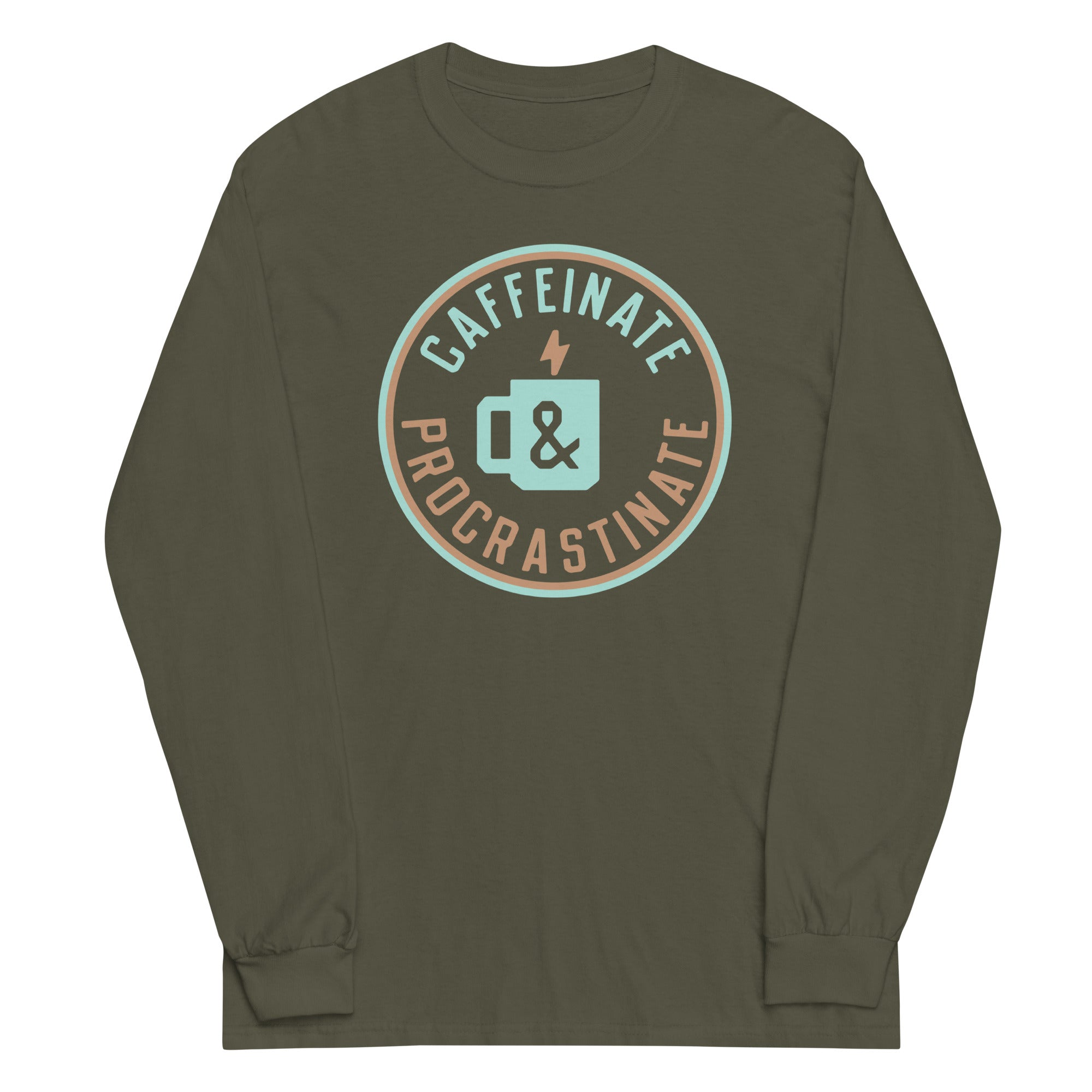Caffeinate And Procrastinate Unisex Long Sleeve Tee Hoodie, Sweatshirt | CoreVibeTees.com (Image 1)