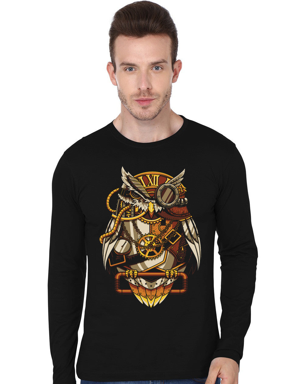 SteamPunk Owl Black Full Sleeve T-Shirt Hoodie, Sweatshirt | CoreVibeTees.com
