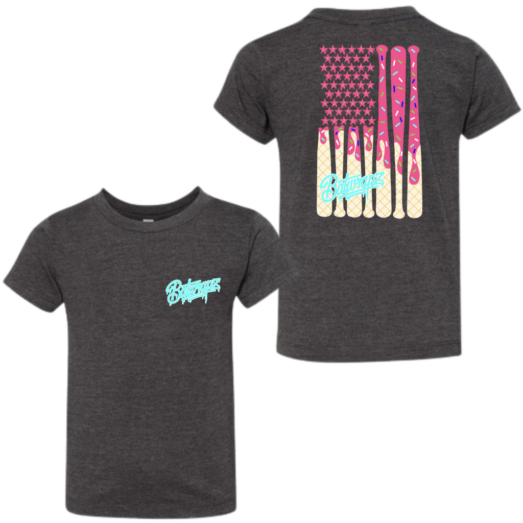 BatWrapz "Pink Baseball Ice Cream Flag" Youth T-Shirt - Gray Hoodie, Sweatshirt | CoreVibeTees.com (Image 1)