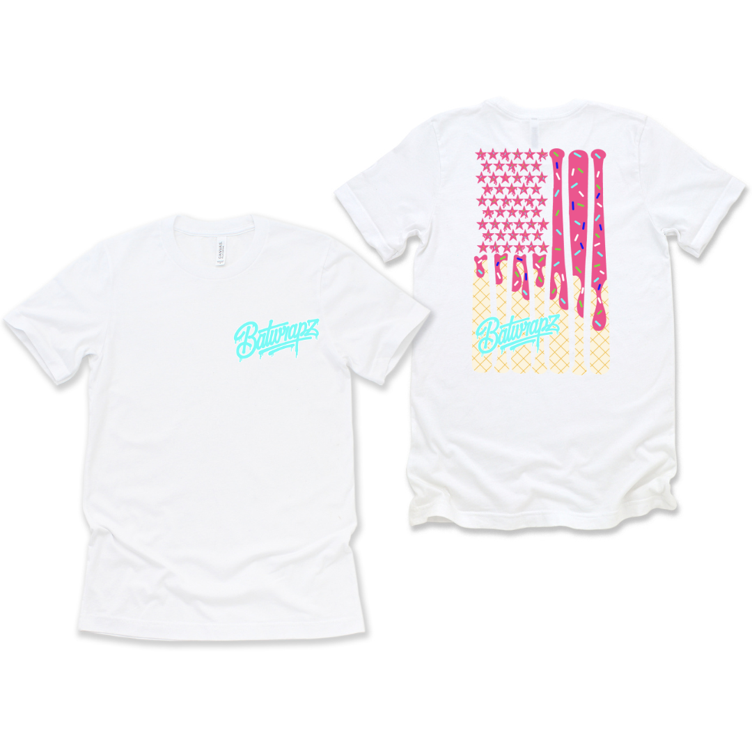 BatWrapz "Pink Baseball Ice Cream Flag" Youth T-Shirt - White Hoodie, Sweatshirt | CoreVibeTees.com (Image 1)