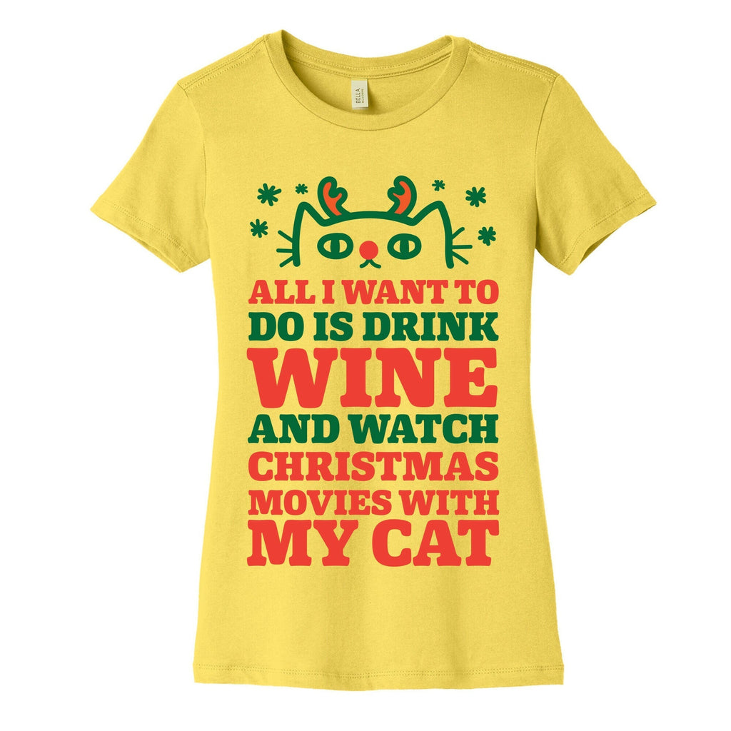 All I Want To Do Is Drink Wine And Watch Christmas Movies With My Cat Women's Cotton Tee Hoodie, Sweatshirt (Image 3)
