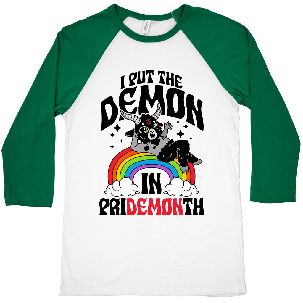 Baphomet I Put The Demon In Pride Month Baseball Tee Hoodie, Sweatshirt | CoreVibeTees.com (Image 1)