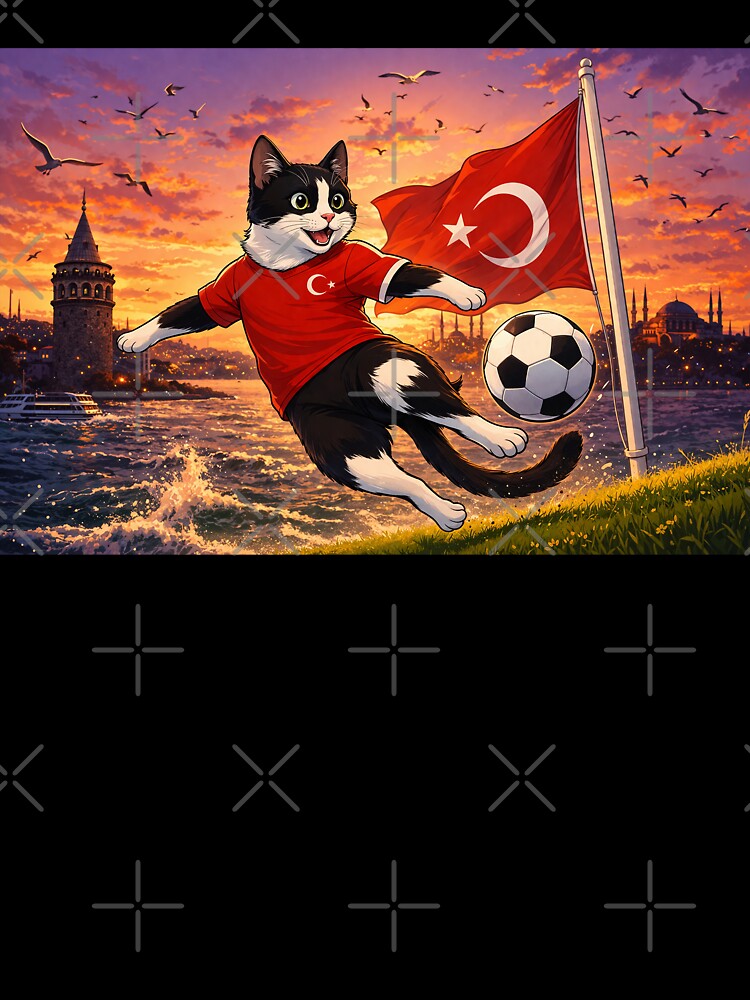 Turkish Cat Playing Football – Istanbul Skyline Sunset Cartoon Illustration, World Cup 2026 by Pacika