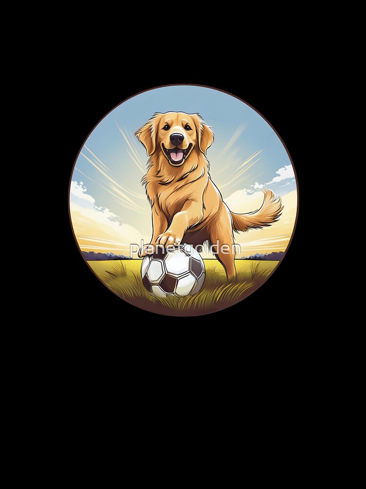 happy golden retriever dog with paws on soccer ball by planetgolden
