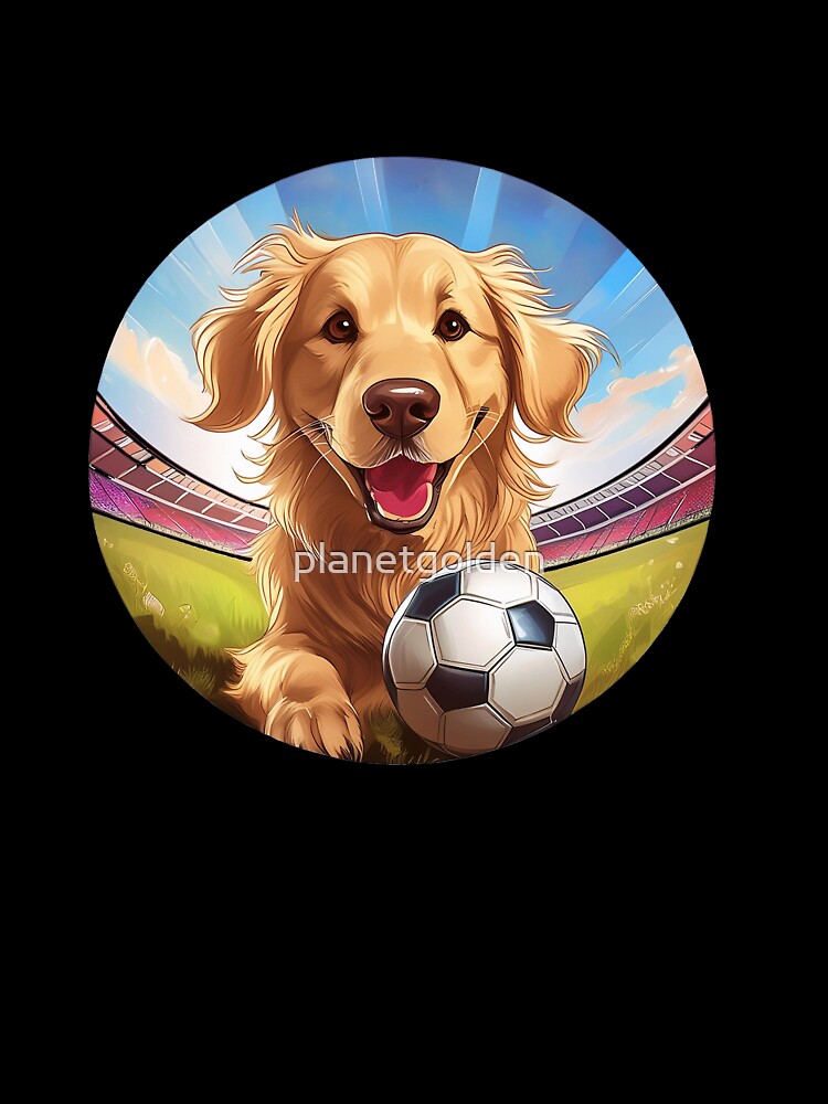 circular happy golden retriever puppy with soccer football on field by planetgolden