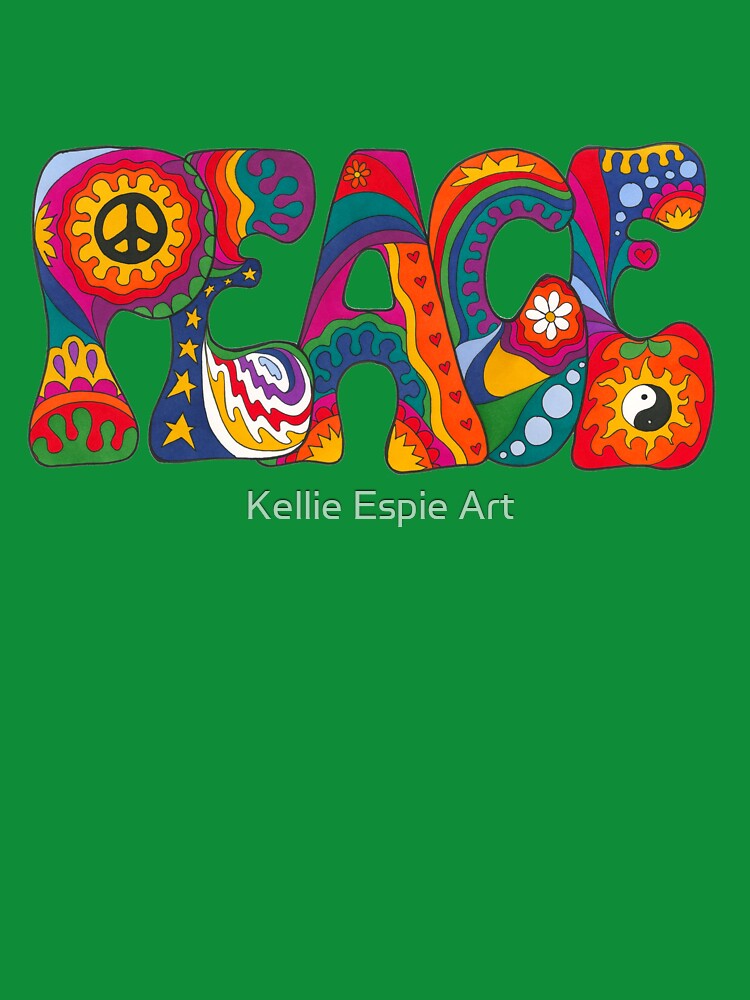 Psychedelic Peace Word Art – Retro Hippie Rainbow Groovy Peace Design by Kellie Espie Art