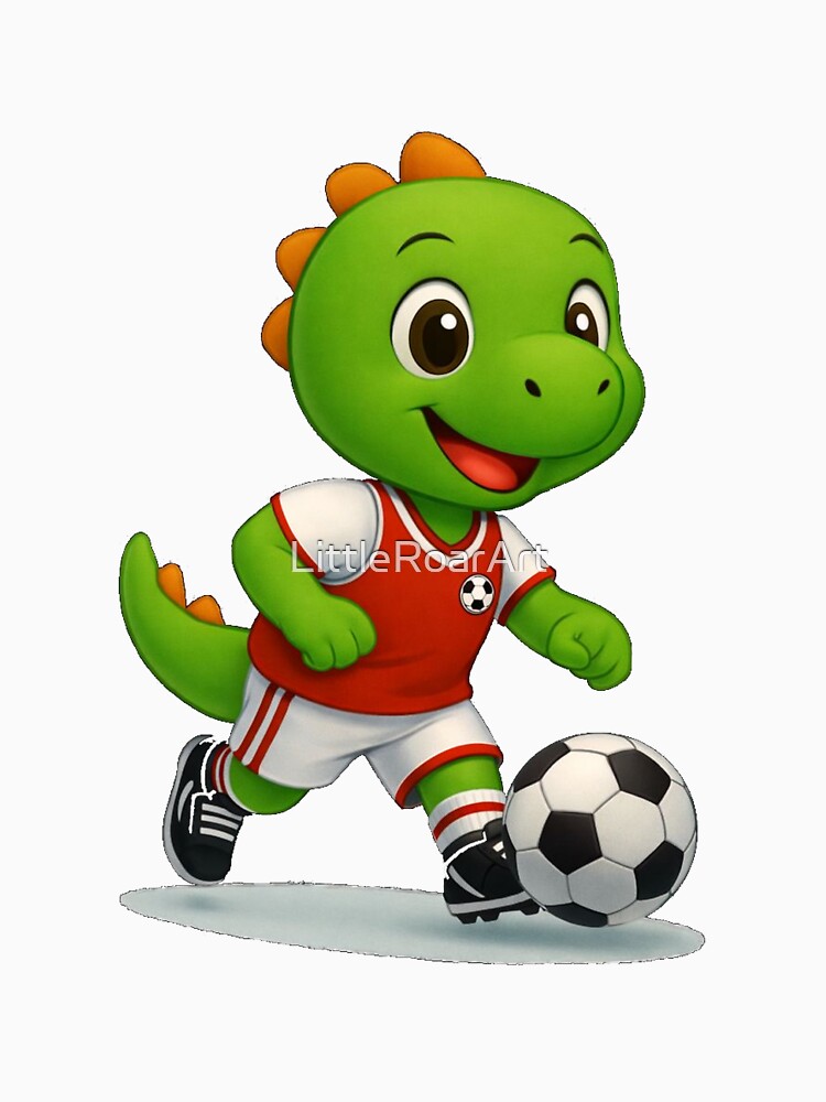 Happy Green Dino Kicking a Soccer Ball | Cute Cartoon Dino Kids T-Shirt for Little Athletes by LittleRoarArt