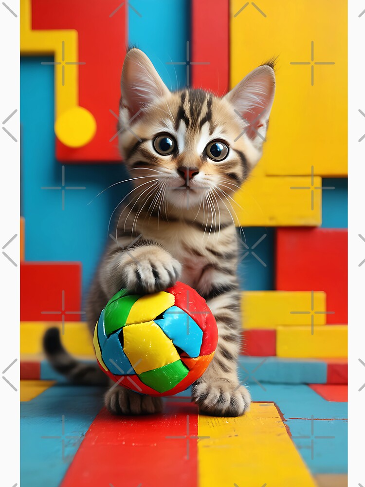 Soccer kitty, small cat with soccer ball on a colorful background standing out by FaceArt treasures