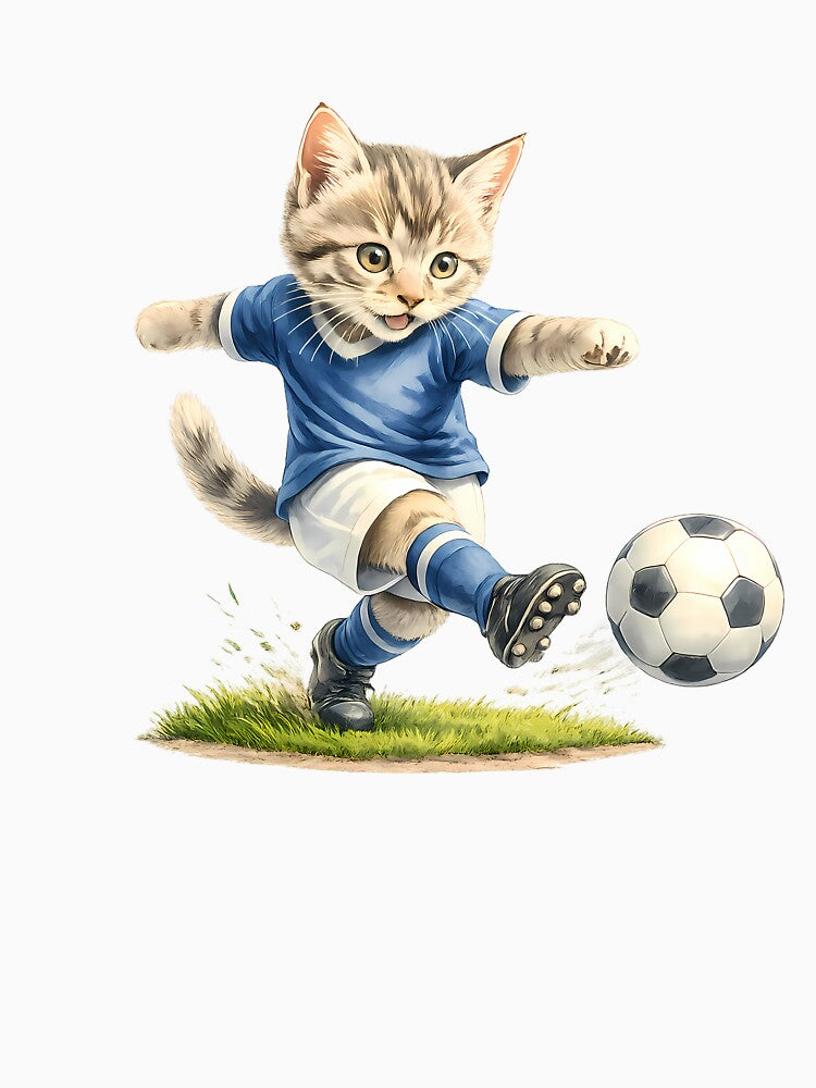 Blue Soccer Tabby Cat T-Shirt – Football Kick Illustration (Crisp Grass Edge) by XingXingJia
