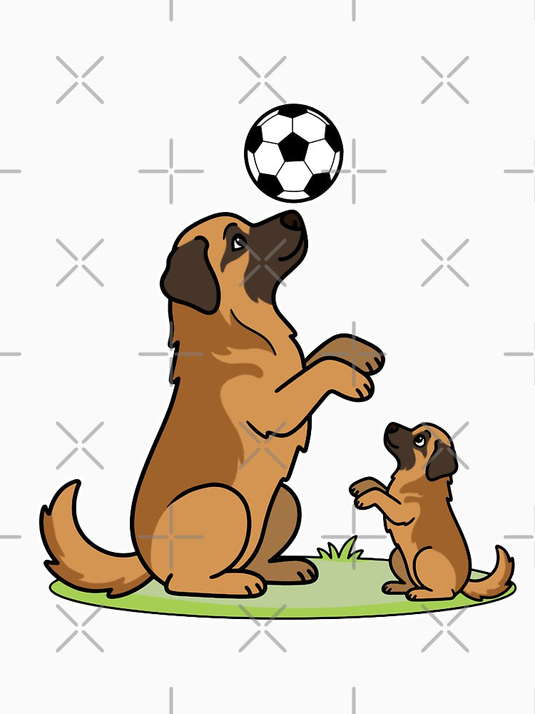 Leonberger Dog Dad and Puppy Playing Soccer Cartoon by Blupunk