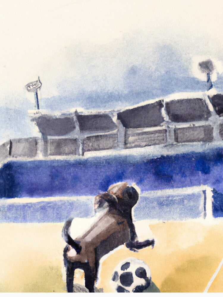 Dog playing soccer at the stadium-Edited AI generated art by Frostp