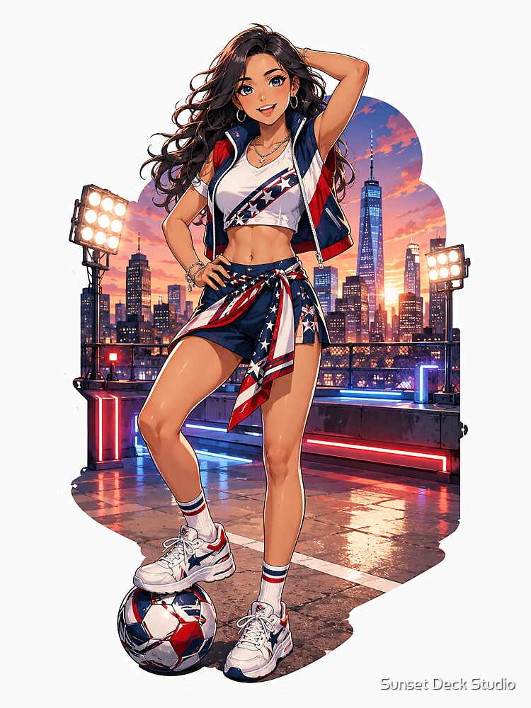 USA Inspired Anime Soccer Girl on Neon Rooftop by Sunset Deck Studio