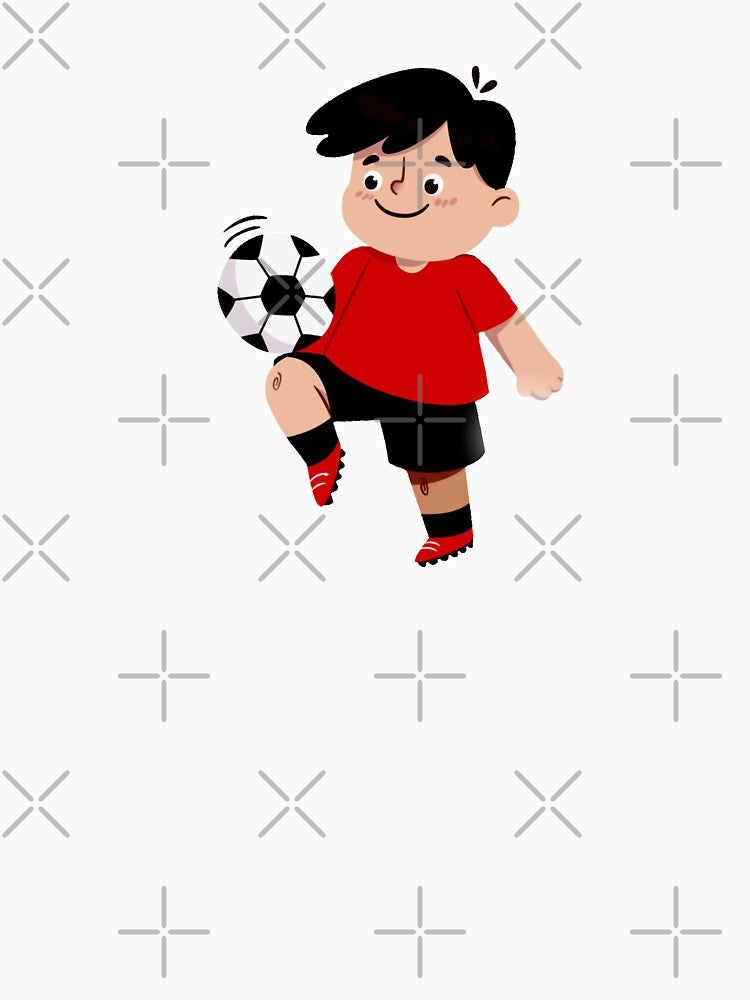 Cute Cartoon Child Playing Football in a Red Shirt and Black Shorts by nada-art