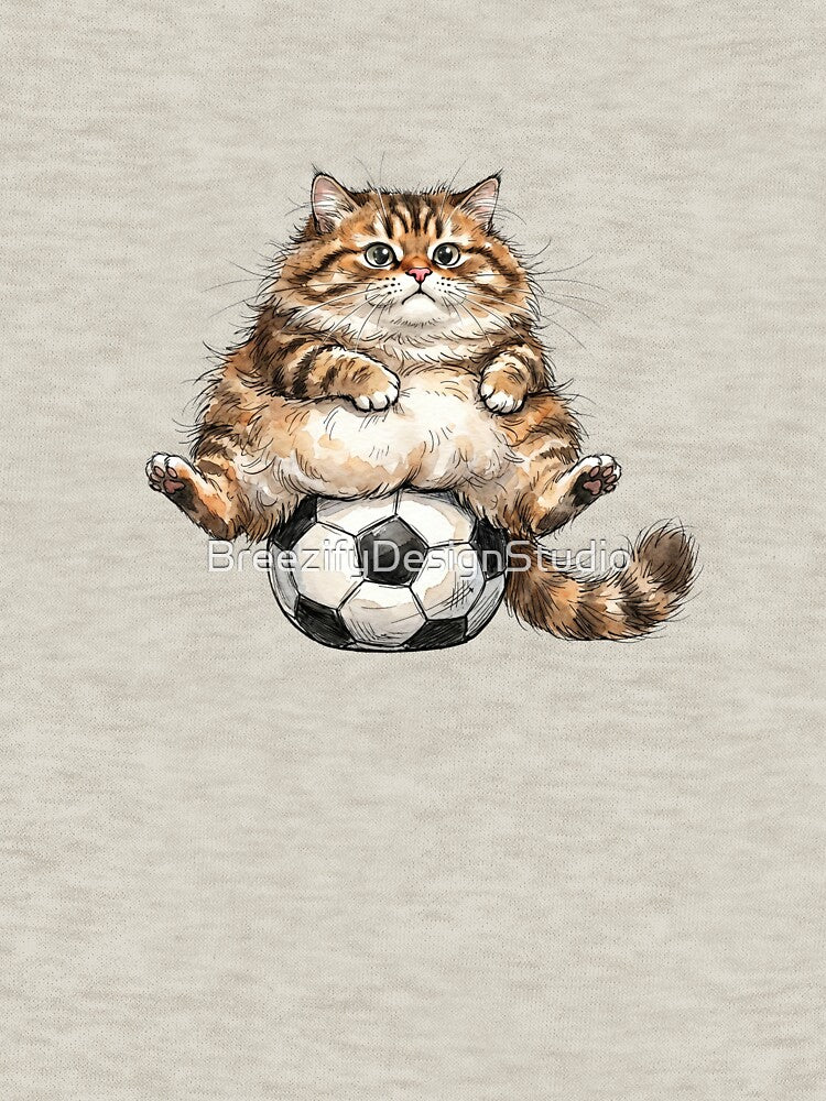 Funny Fluffy Tabby Cat Sitting on Soccer Ball Watercolor Art by BreezifyDesignStudio