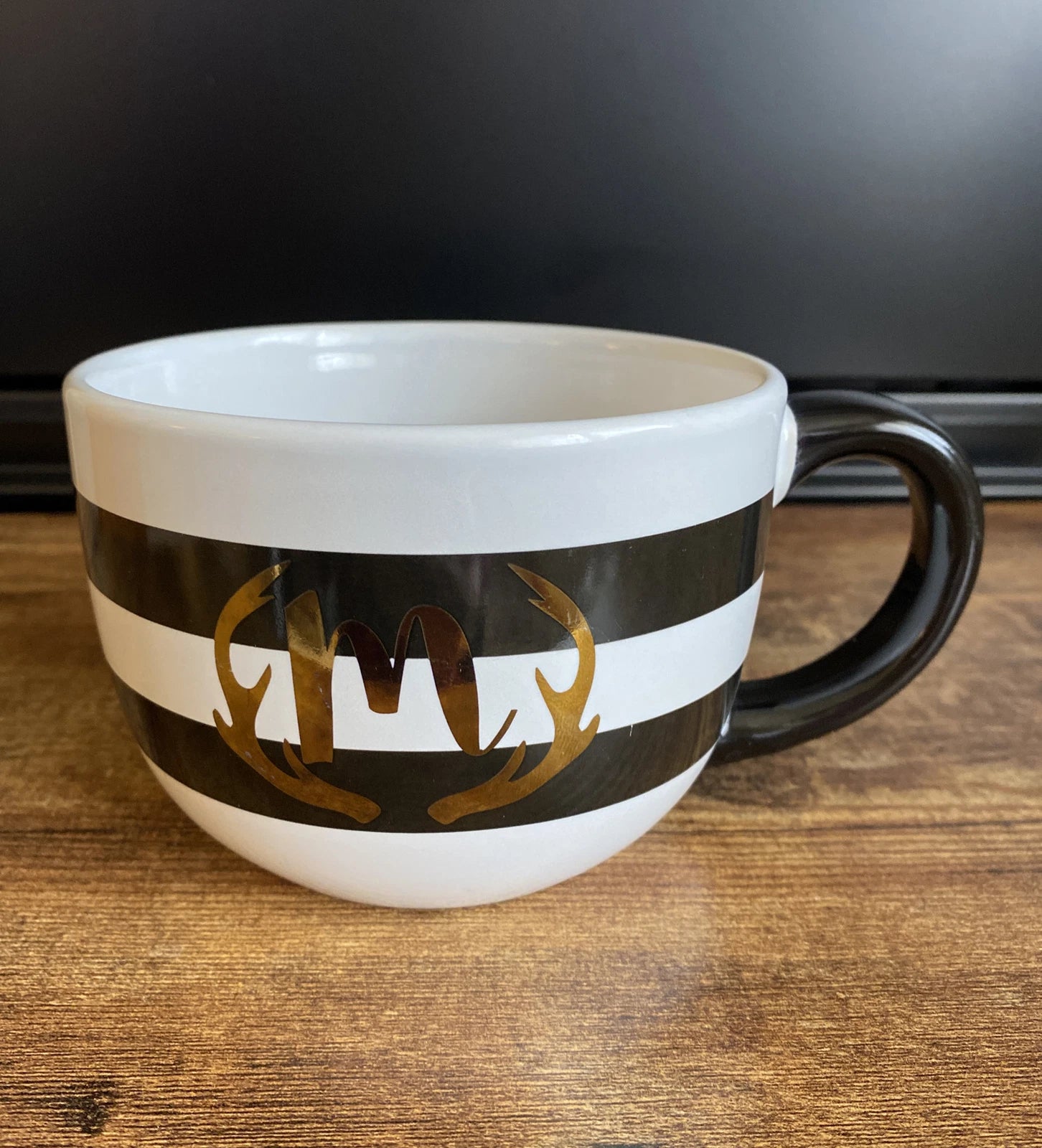 Cappuccino Coffee Mug Cup Monogram "M" Gold Black White Oversized 18 fl oz