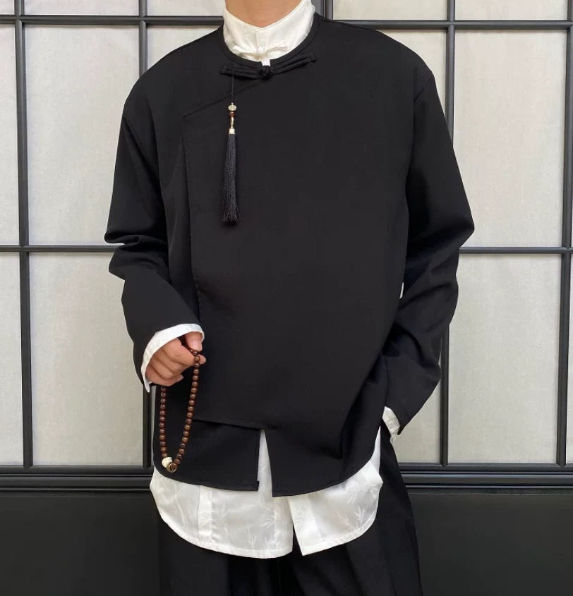 Tassels Men's Casual Shirts Retro Tops Stand Collar Long Sleeves Design Ethnic