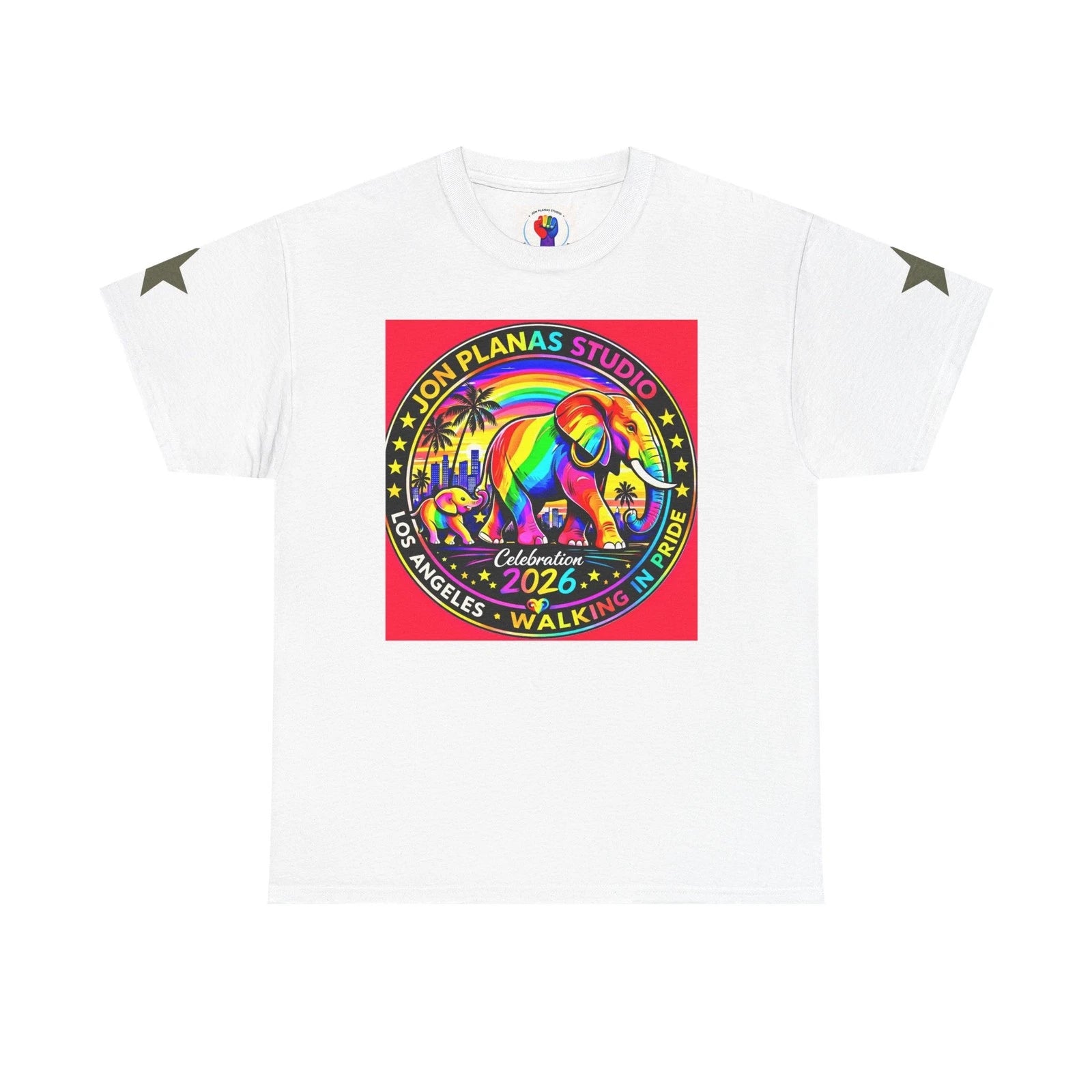 Pride Elephant Graphic Tee — "Born in Pride" Rainbow Los Angeles 2026 T-Shirt