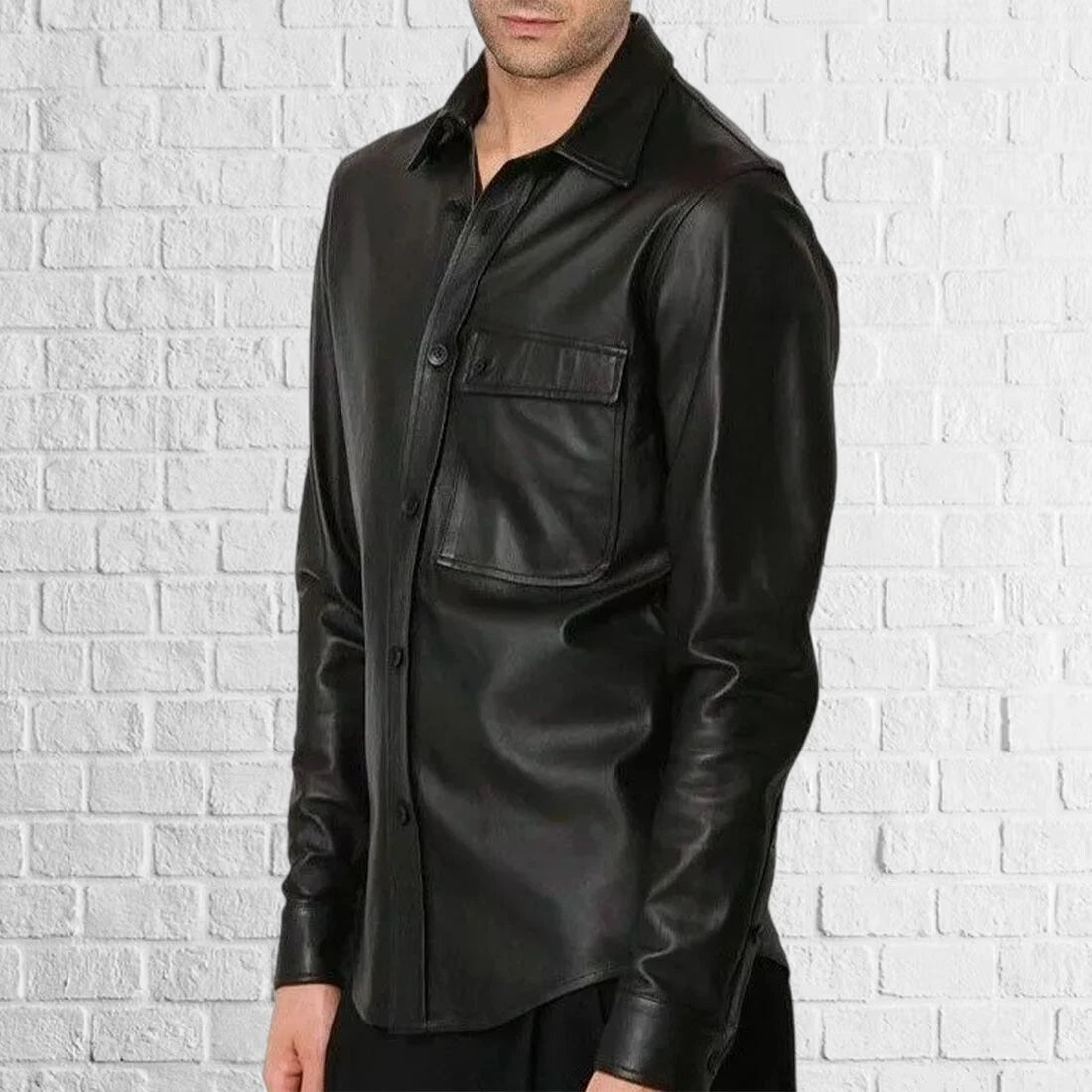 Mens Genuine Black Lambskin Leather Shirt Premium Vintage With Full Sleeve And Button