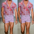 Men Printed Floral See Through Sexy Shirt Tops Summer Short Sleeve T-Shirt