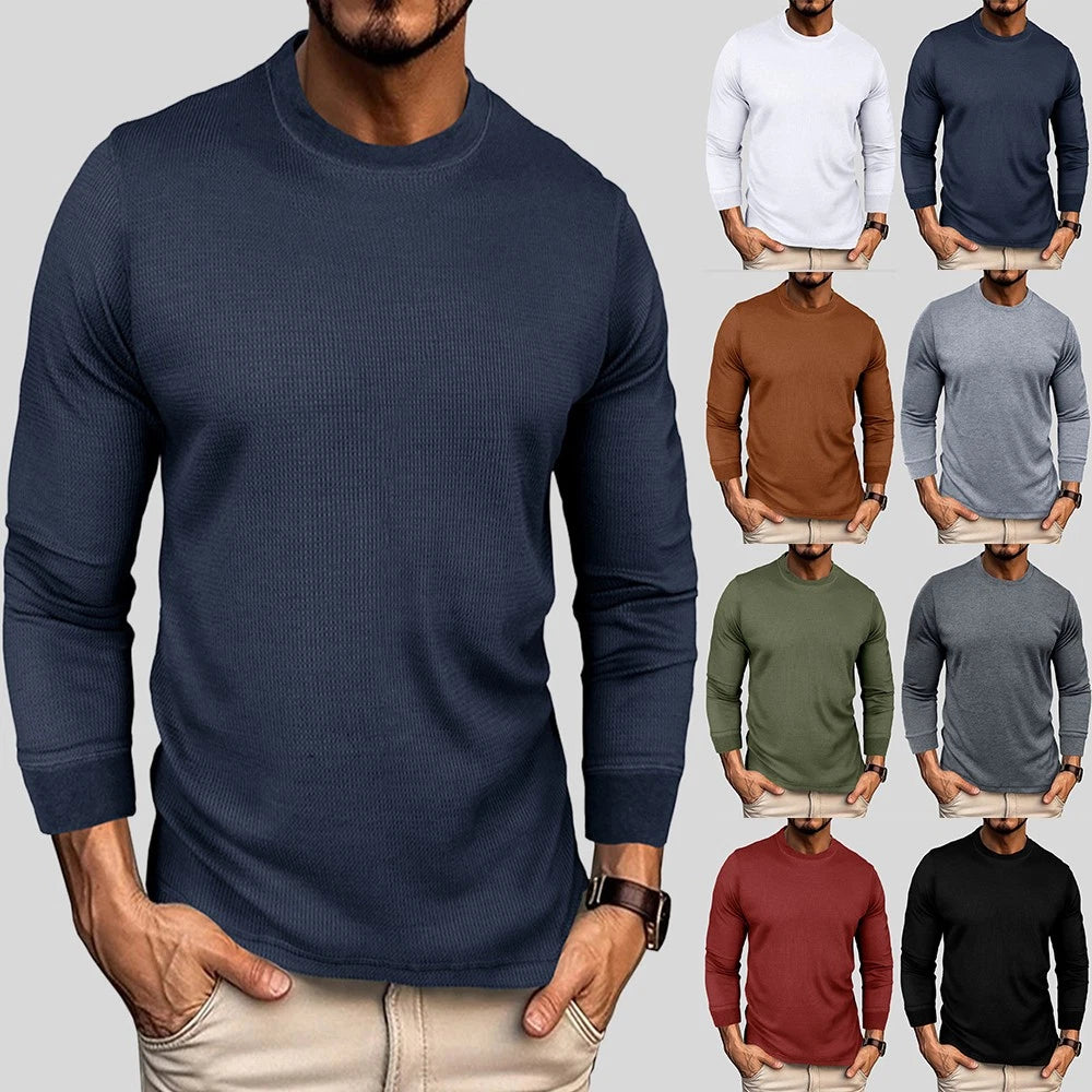 Men Waffle Long Sleeve T Shirt Tops Ribbed Crew Round Neck Casual Tee Pullover