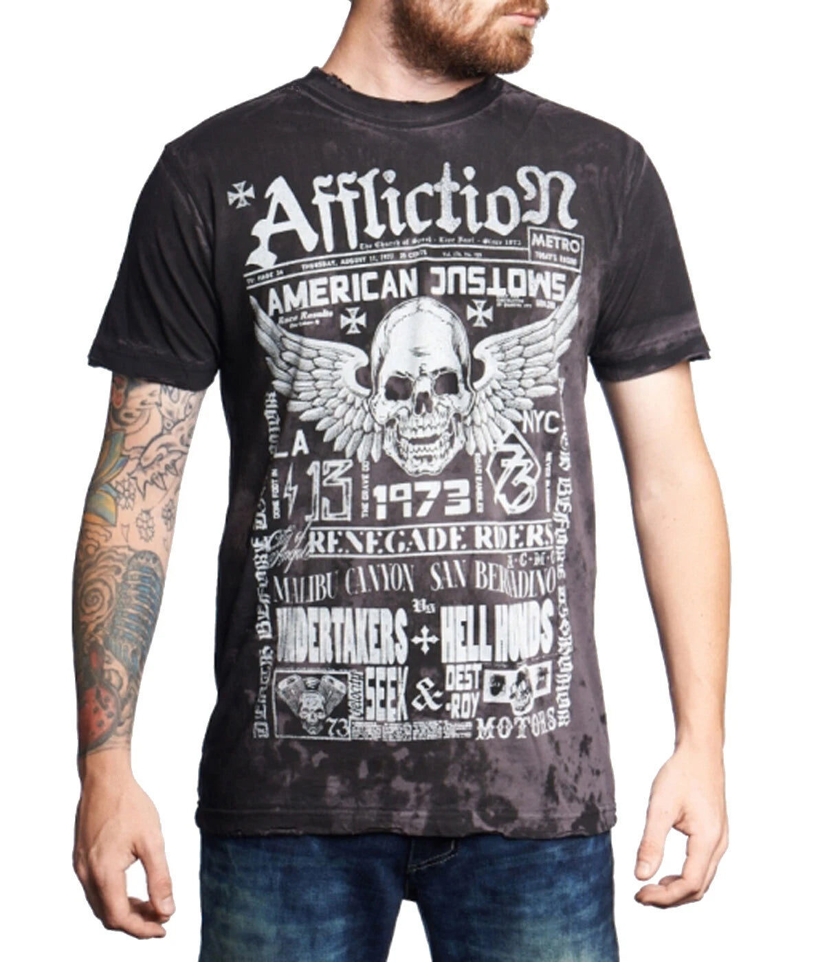 Affliction Men Crew Neck S/S Shirt Skull Wings American Customs in Charcoal Wash