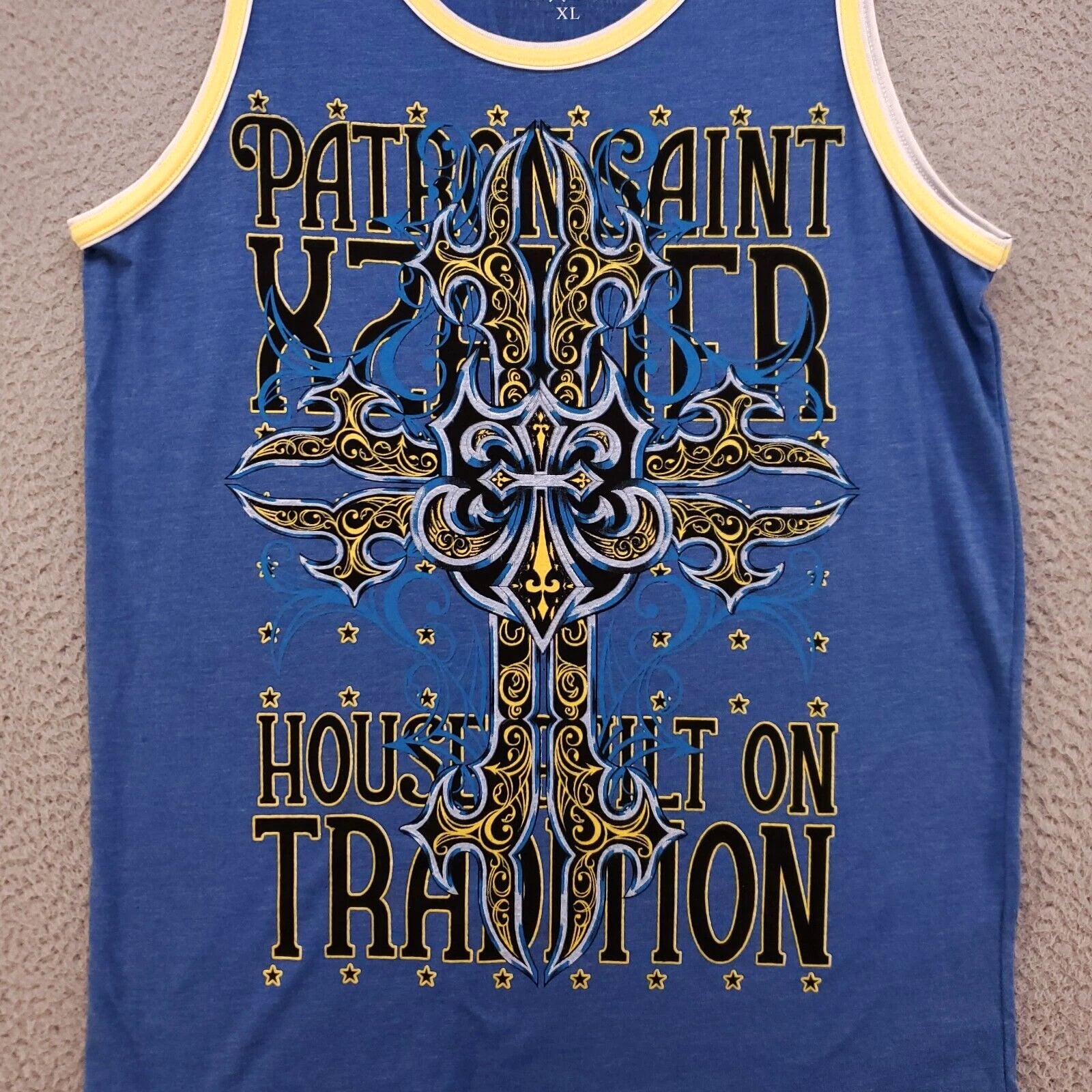 Xzavier AXR Muscle Shirt Mens XL Tank Top Blue Y2K Patrion Saint Spellout Cross