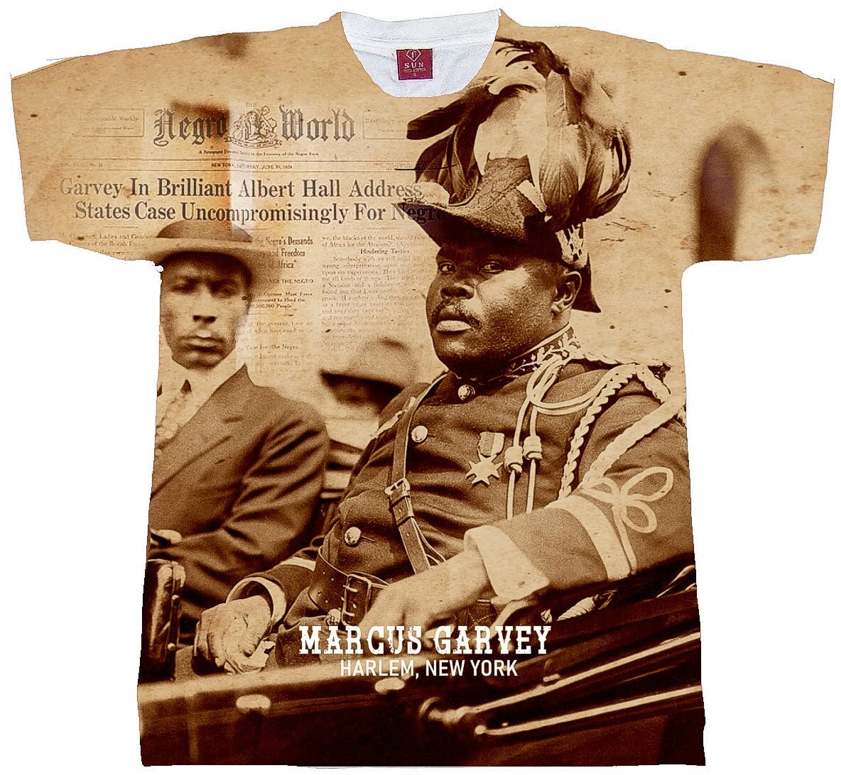 MARCUS GARVEY HARLEM VINTAGE T-SHIRT ALL OVER PRINT. BLACK POWER, MALCOLM X TEE