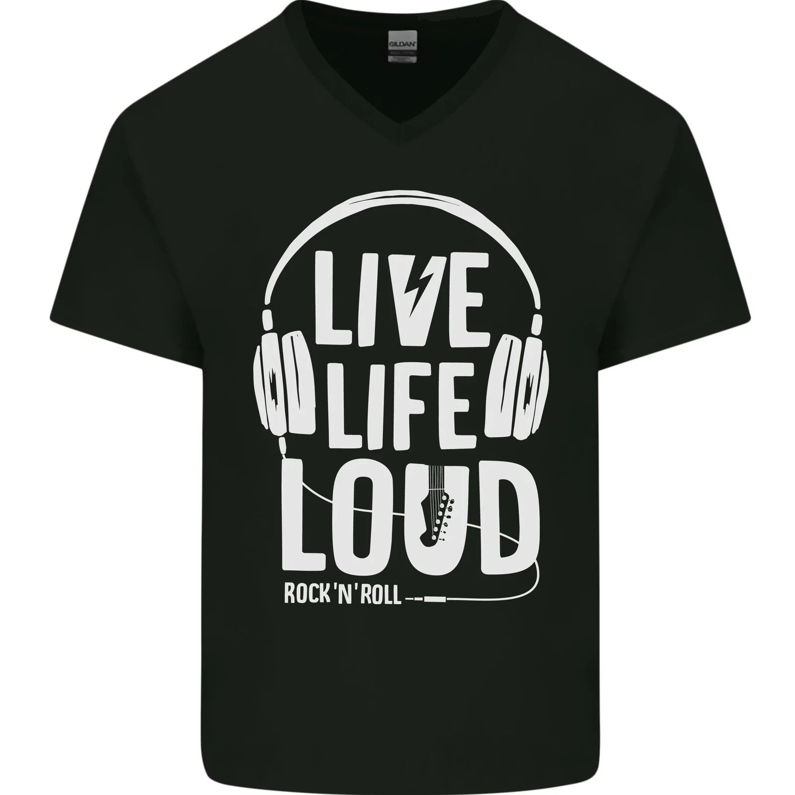 Music Live Life Loud Rock n Roll Guitar Mens V-Neck Cotton T-Shirt