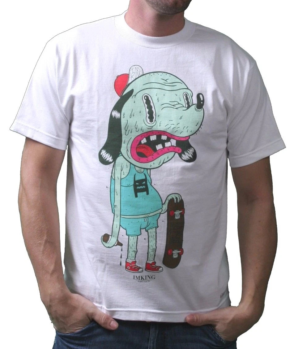 IM KING Mens White or Red Skateboarding Drunkies Dog T-Shirt USA Made NWT