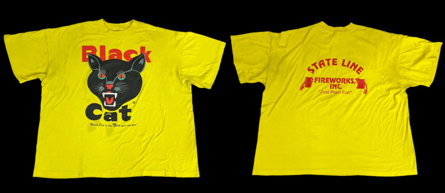 Black Cat State Line Fireworks Vintage T-Shirt Retro Graphic Logo Tee S-5XL