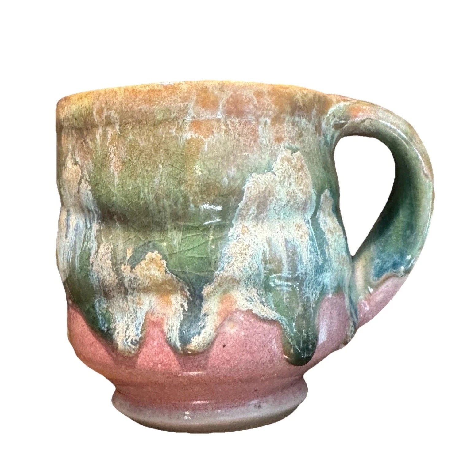 Handmade Pottery Mug, Green Blue Drip W/ Pink Mauve Base Glaze, Artist Signed
