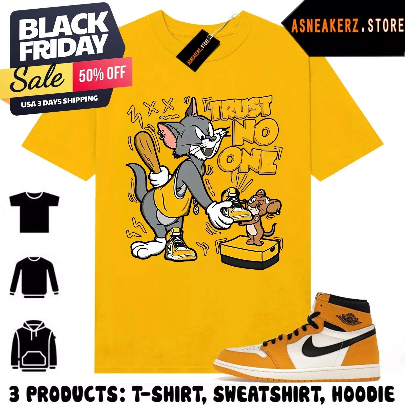 Shirt Match AJ 1 High OG Yellow Ochre Sneaker Trust No One Cat And Mouse T-Shirt