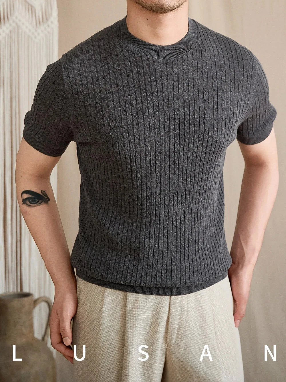 Men's Summer Short-Sleeved T-Shirt Retro -Knit Round Neck Breathable Casual Top