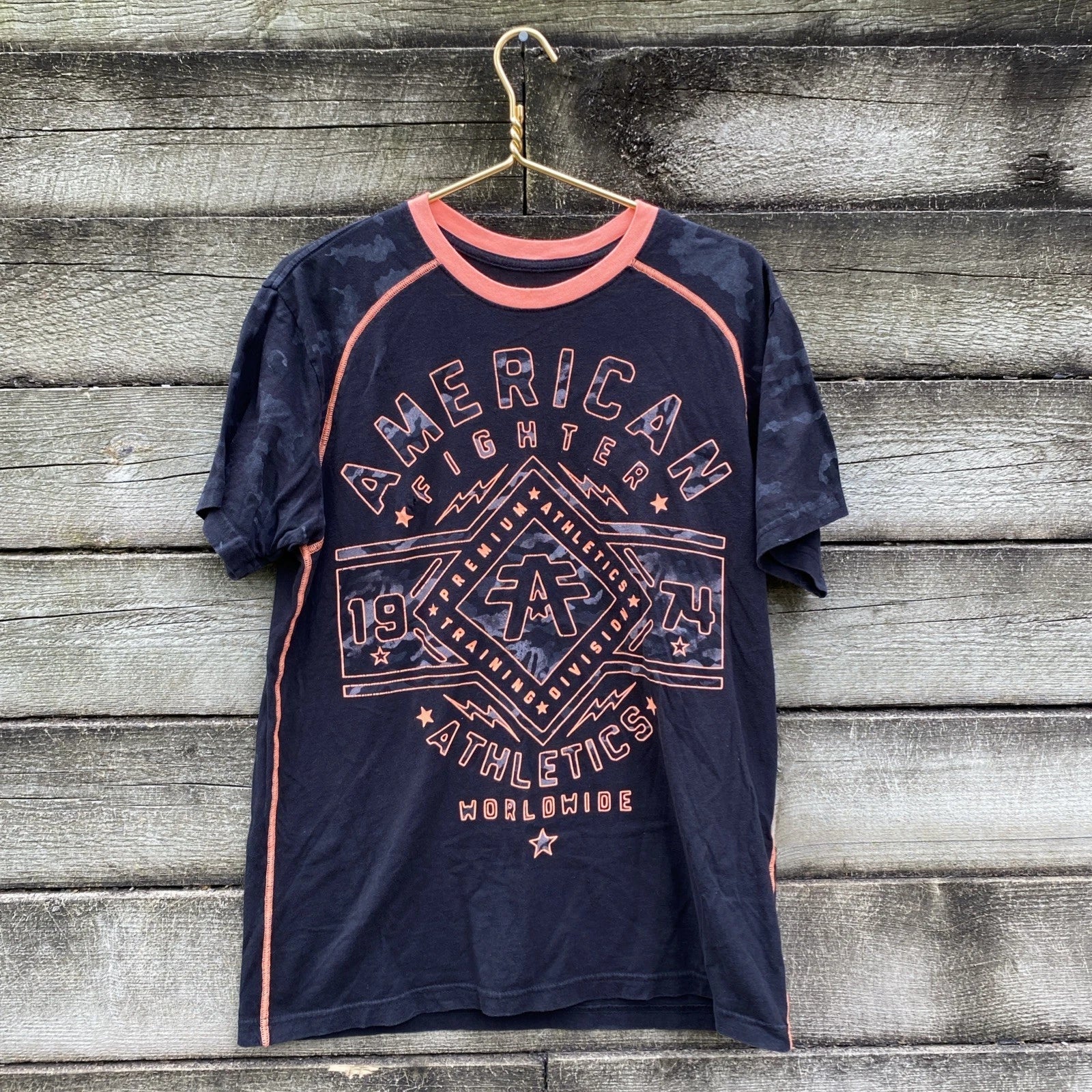 Men’s American Fighter Black With Orange Accent Casual Shirt LG