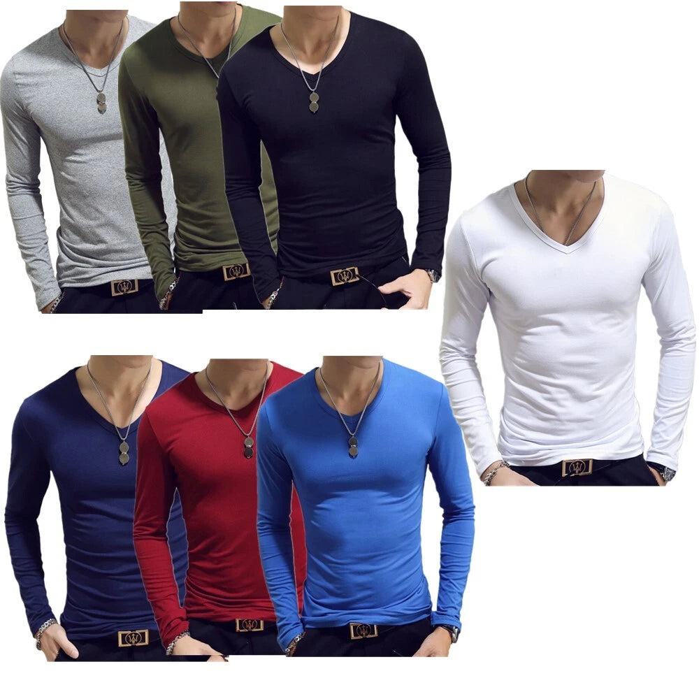 Mens Casual Long Sleeve T-shirt Solid Color V Neck Soft Tops Thermal AU