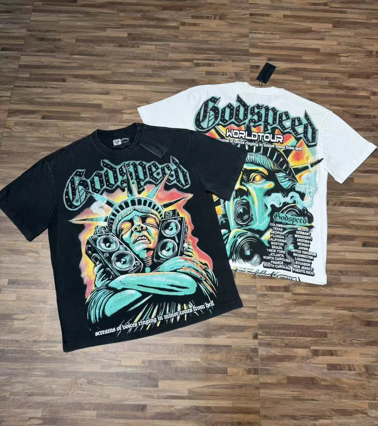 Mens NEW Godspeed Mocking the Statue of Liberty print Short sleeved T-shirt