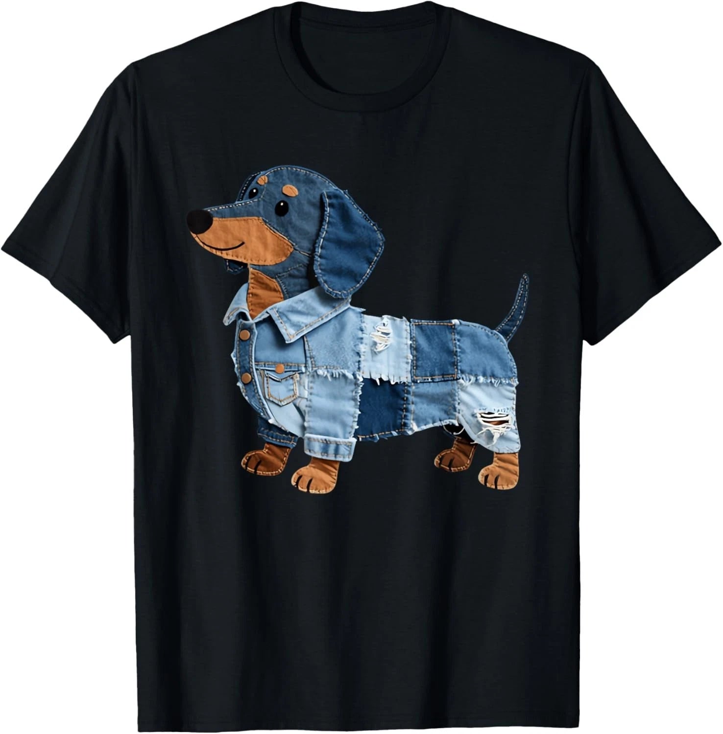 Funny Denim Dachshund Dog Patchwork Puppy Vintage Art Tee Gift Unisex T-Shirt