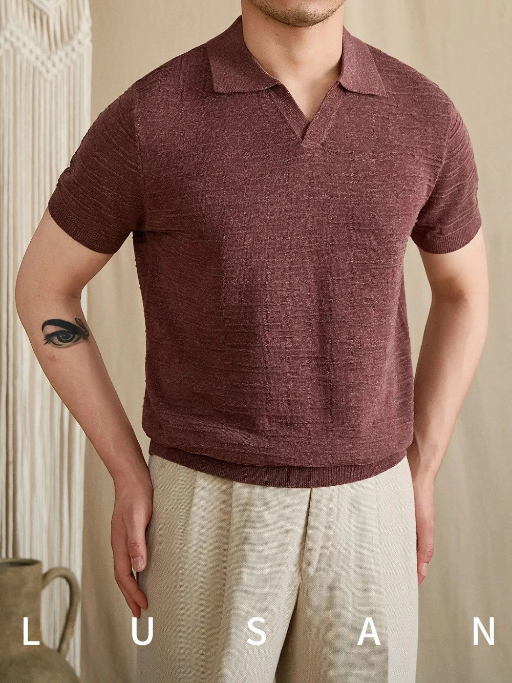 Retro Style Men's Short-Sleeved Casual T-Shirt Sweater Linen Collar Pullover