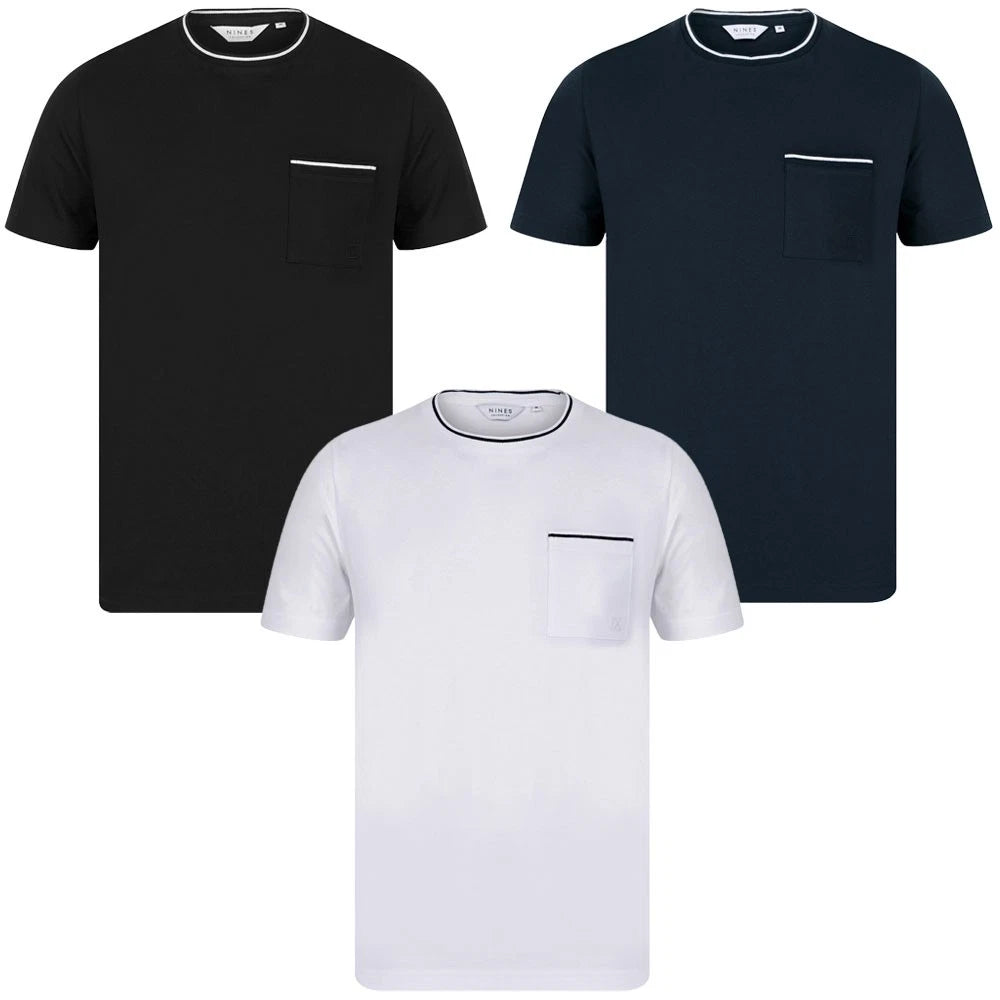 Mens T-Shirt Premium Cotton Jersey Plain Crew Neck Ringer Tee with Chest Pocket
