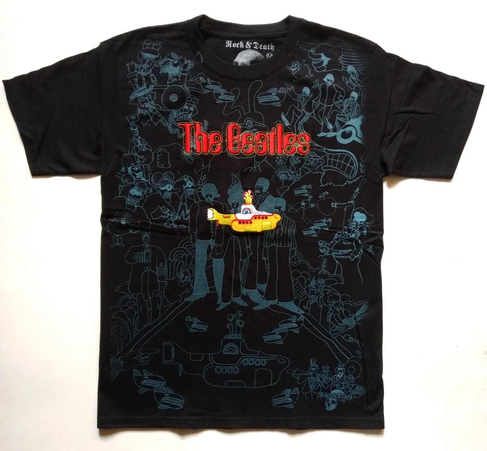 BEATLES T-Shirt RARE Embroidered Logo Yellow Submarine Jonh Lennon McCartney Pop