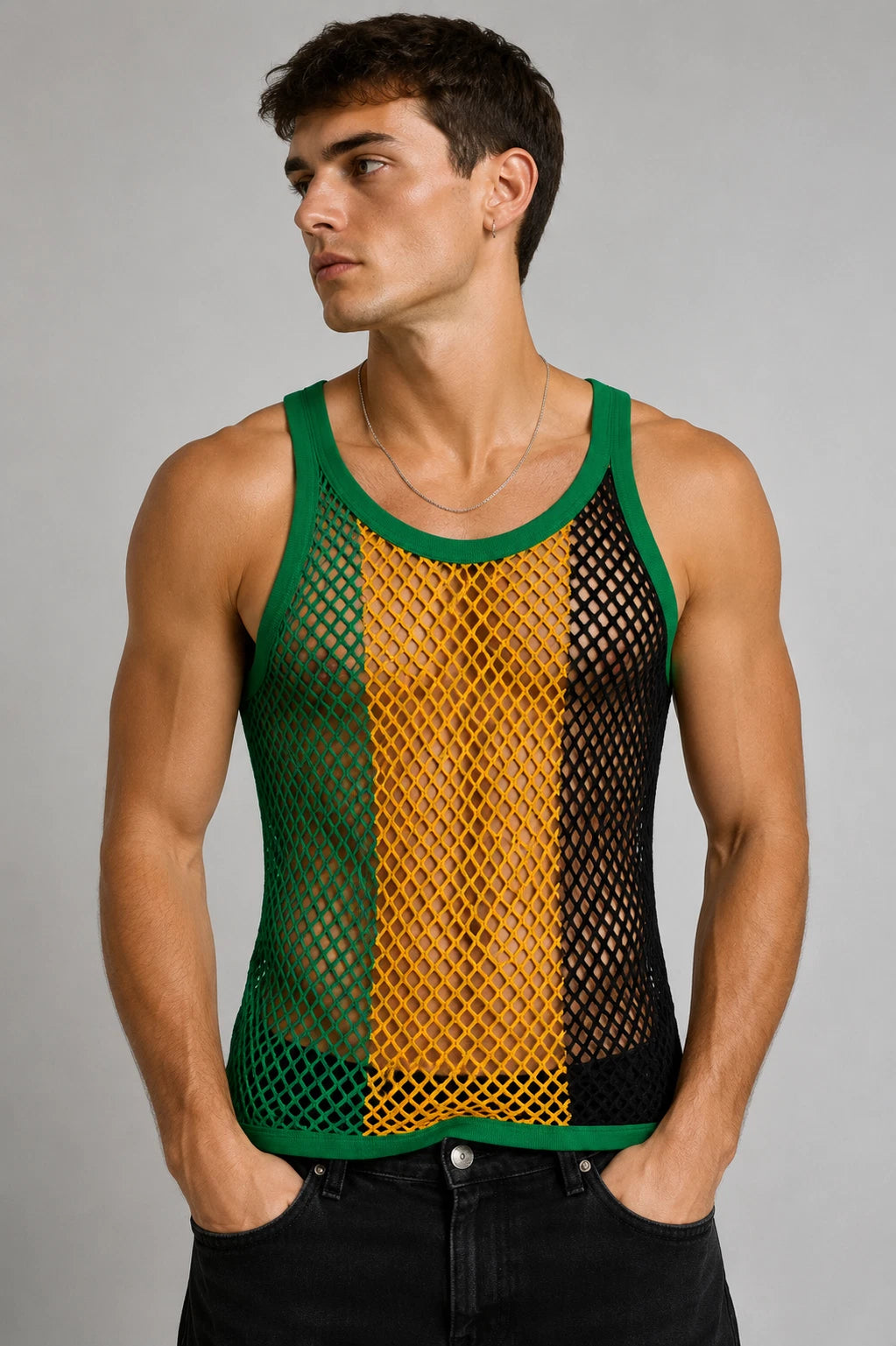 Mens Crystal Sleeveless Vest Men Rasta Mesh Fishnet String Top Cotton Gym Summer