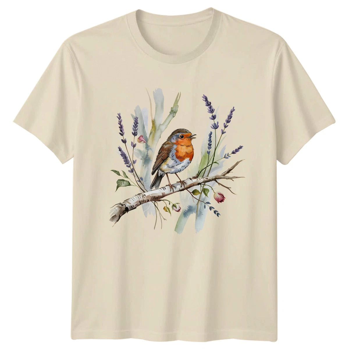 Sweet Watercolor Robin Bird And Womens T-Shirt Lavender Flowers