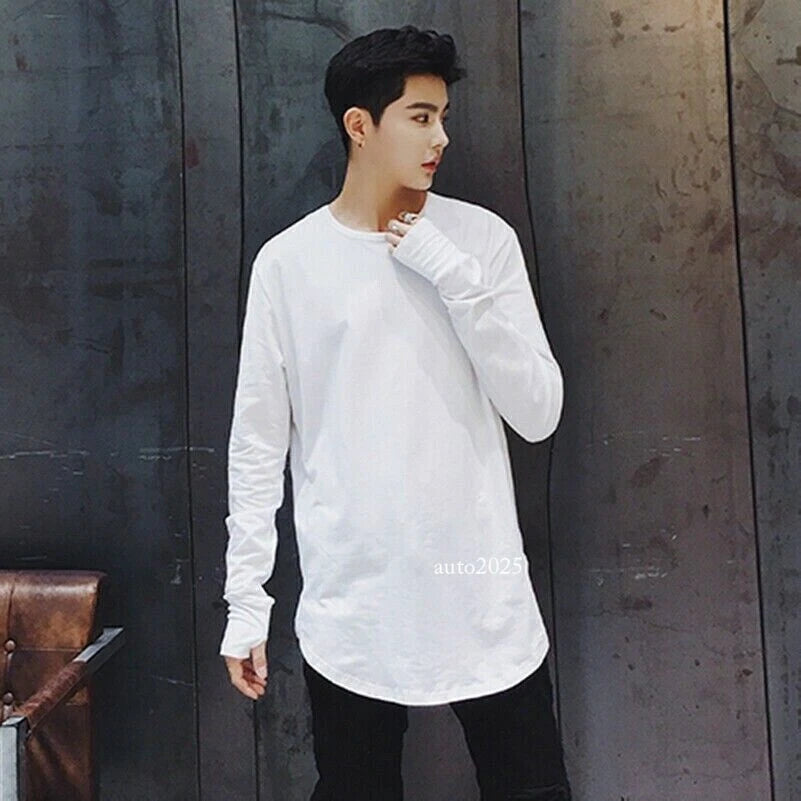 Mens Longline T-shirt Long Sleeve Baggy Curved Hem Top Tee Basic Casual T-shirts