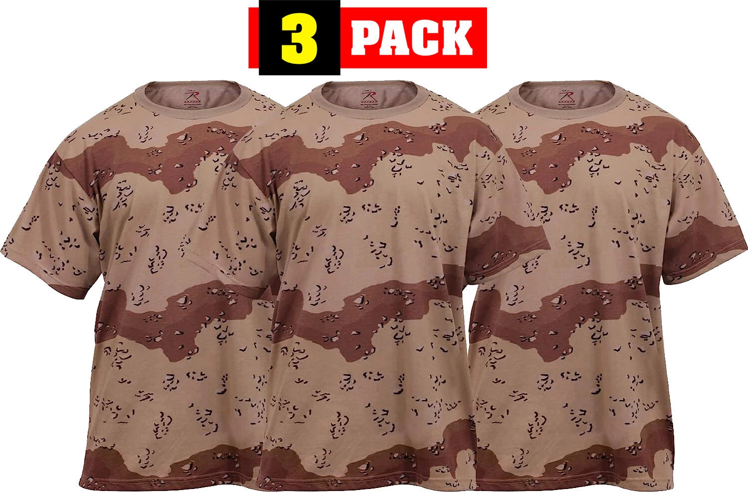 Desert Camo Six Color Army T-Shirts Tactical Military Short Sleeve Tees - 3 PACK