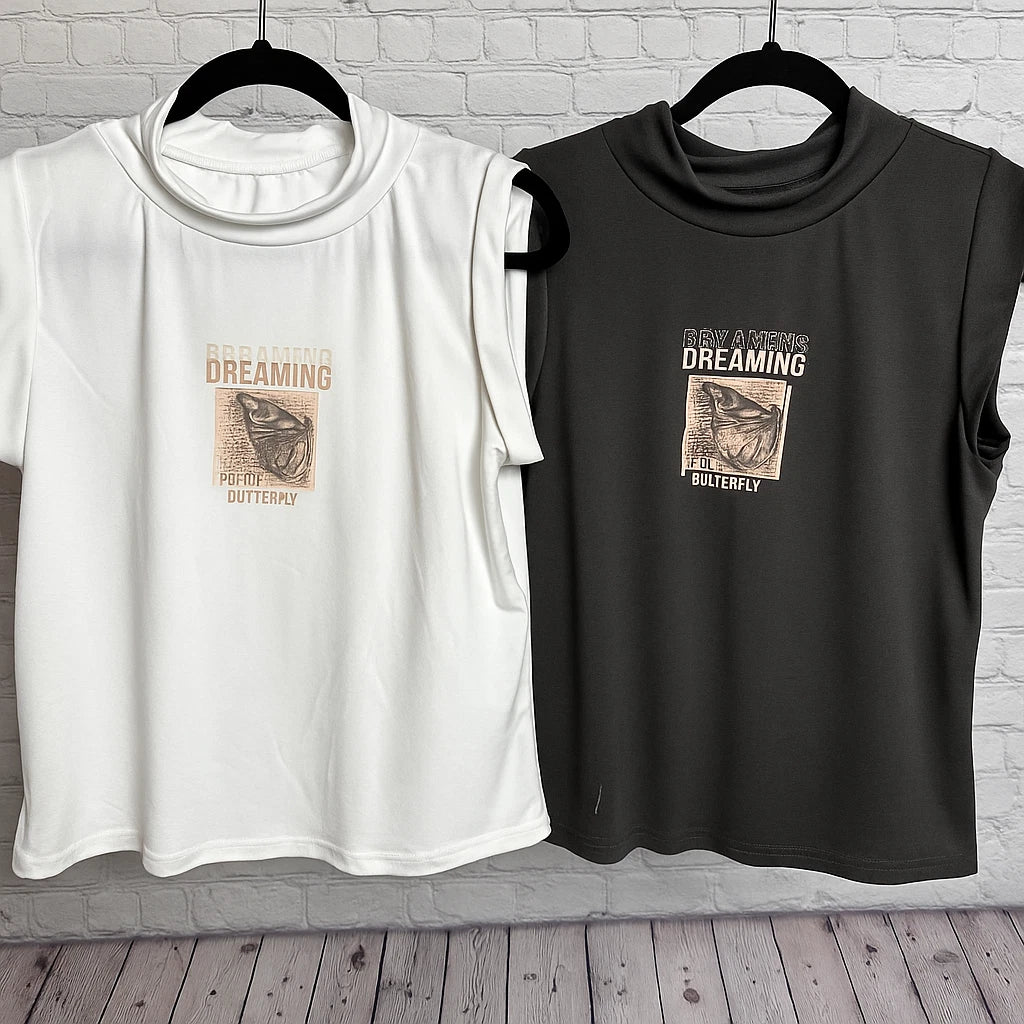 Dreaming Paper Butterfly High Neck Sleeveless Graphic Tee White  L/XL or Black S