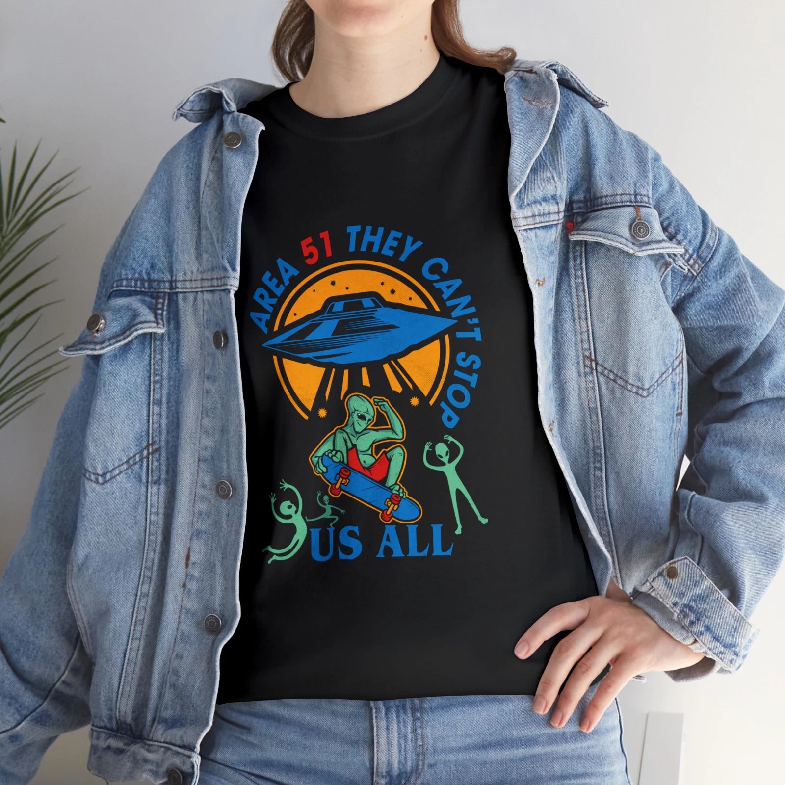 Funny Aliens Skating T-Shirt Area 51 They Cant Stop Us All Space UFO Unisex Tee