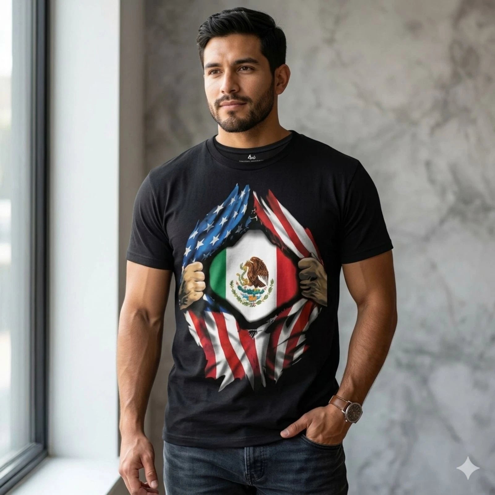 Men Mexico Flag Under USA Flag Graphic T-Shirt Casual Streetwear Black Size L