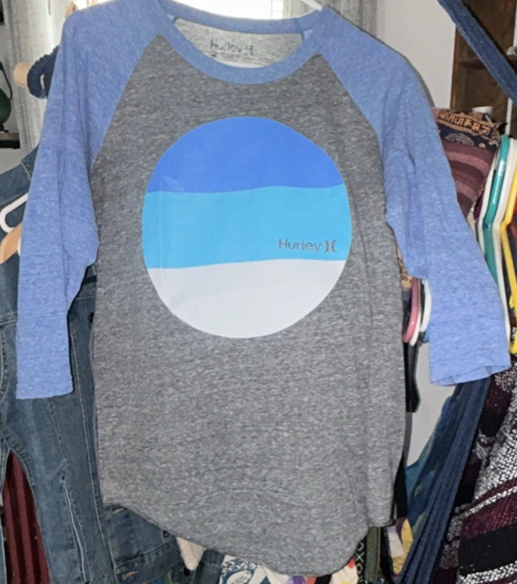 Hurley Men's M Gray Blue 3/4 Sleeve Raglan Premium Fit Crew Neck Tee